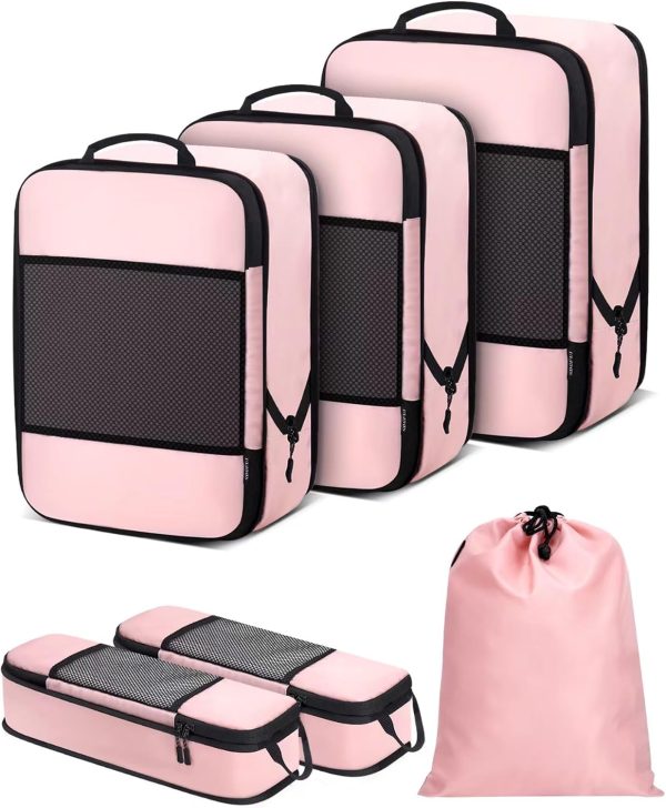 6 PCS Set Compression Packing Cubes for Travel, Lightweight Travel Packing Organizer Bags Travel Essentials for Carry On, Suitcase, Travel Bags, Home Closet - Pink