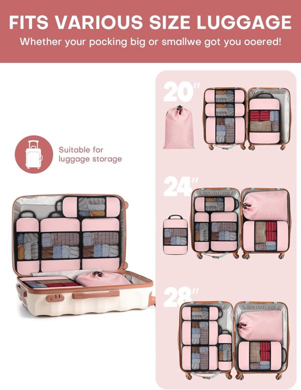 6 PCS Set Compression Packing Cubes for Travel, Lightweight Travel Packing Organizer Bags Travel Essentials for Carry On, Suitcase, Travel Bags, Home Closet - Pink - Image 2
