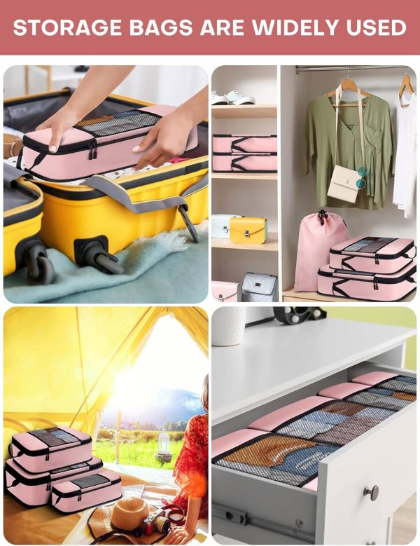 6 PCS Set Compression Packing Cubes for Travel, Lightweight Travel Packing Organizer Bags Travel Essentials for Carry On, Suitcase, Travel Bags, Home Closet - Pink - Image 3