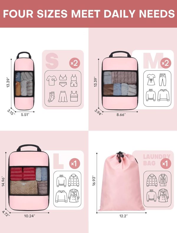 6 PCS Set Compression Packing Cubes for Travel, Lightweight Travel Packing Organizer Bags Travel Essentials for Carry On, Suitcase, Travel Bags, Home Closet - Pink - Image 6