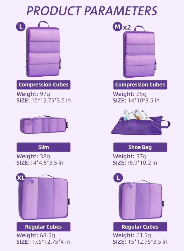 Bagail Ultralight Packing Cubes 7 Set, 3 Compression Packing Cubes 3 Packing Organizers with 1 Shoe Bag - Image 2