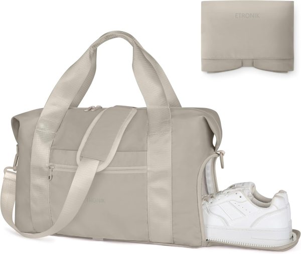 ETRONIK Foldable Travel Bag for Women Men, Gym Bag with Shoe Compartment, Carry On Duffle Bag for Personal Item, Weekender Overnight Tote Bag for Sports, Water Resistant Travel Bag for Travel, Khaki
