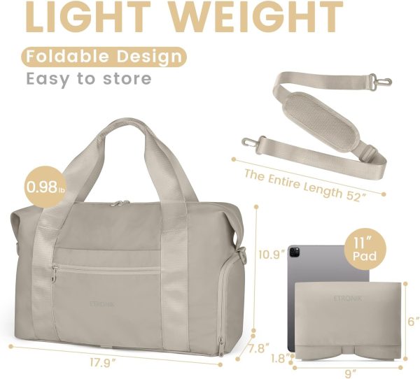 ETRONIK Foldable Travel Bag for Women Men, Gym Bag with Shoe Compartment, Carry On Duffle Bag for Personal Item, Weekender Overnight Tote Bag for Sports, Water Resistant Travel Bag for Travel, Khaki - Image 5